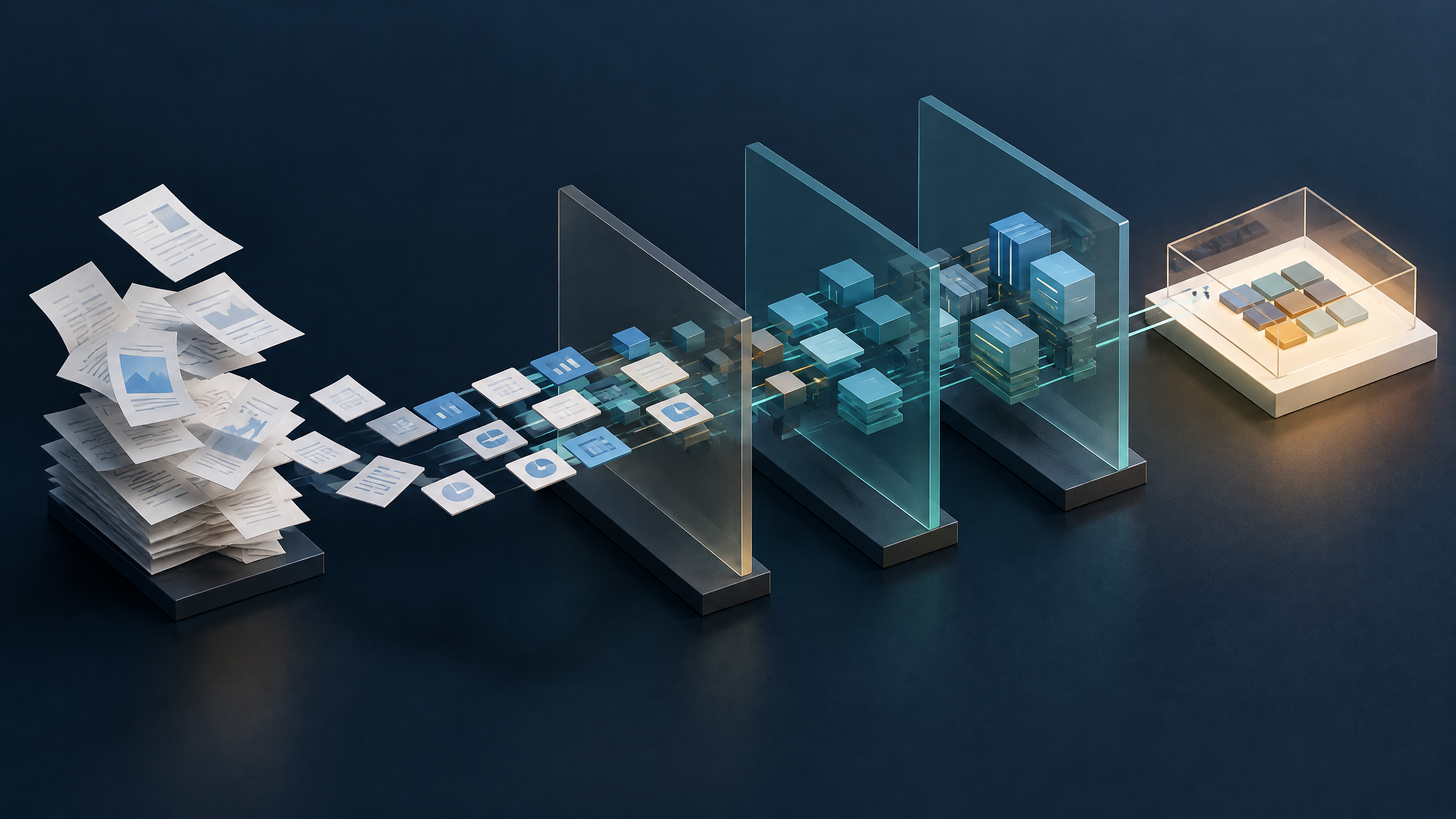 Structured document data moving through bounded validation layers to a specialist review point.