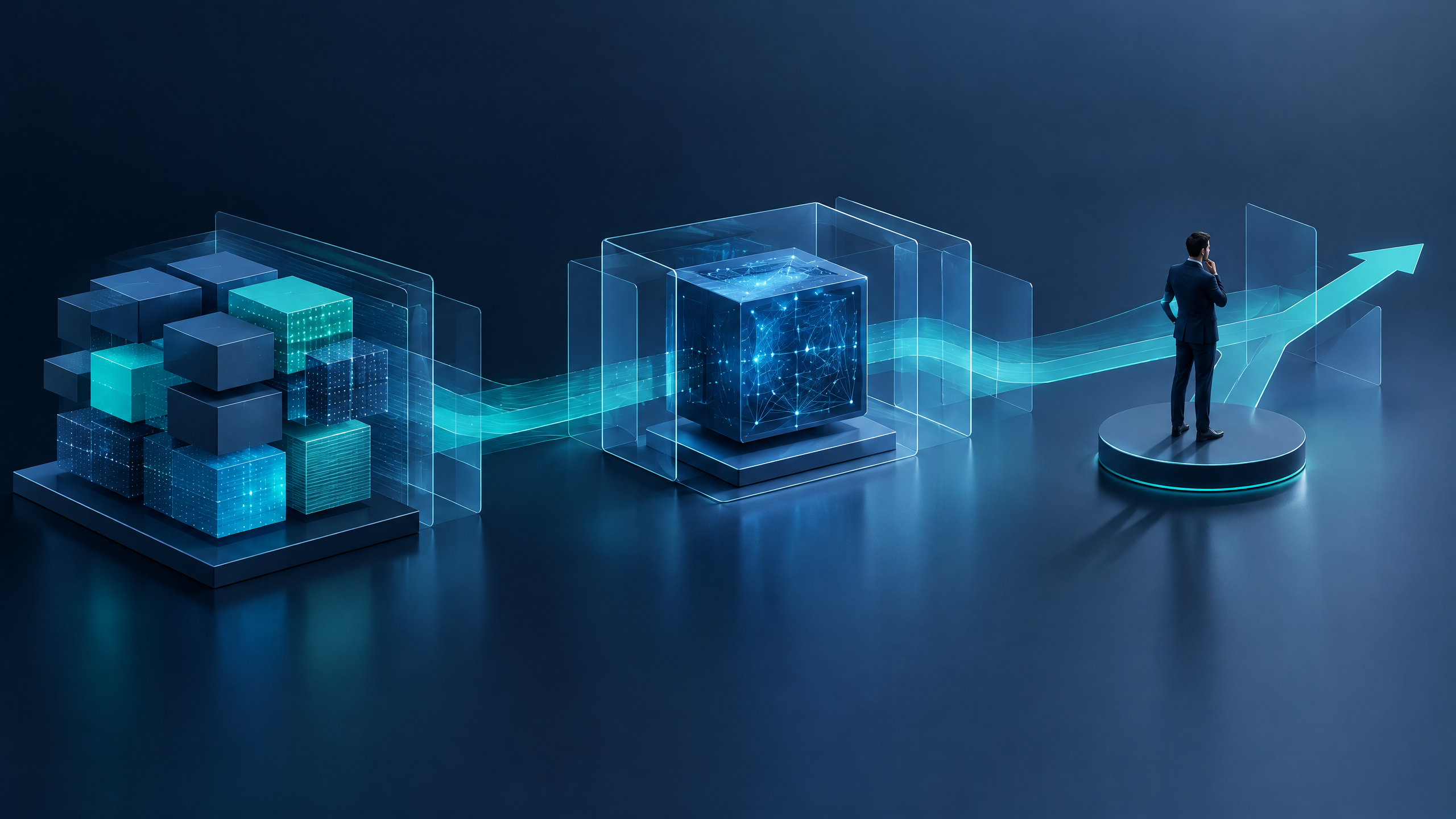 Abstract editorial illustration showing a controlled pathway from structured data to a human-approved AI workflow.