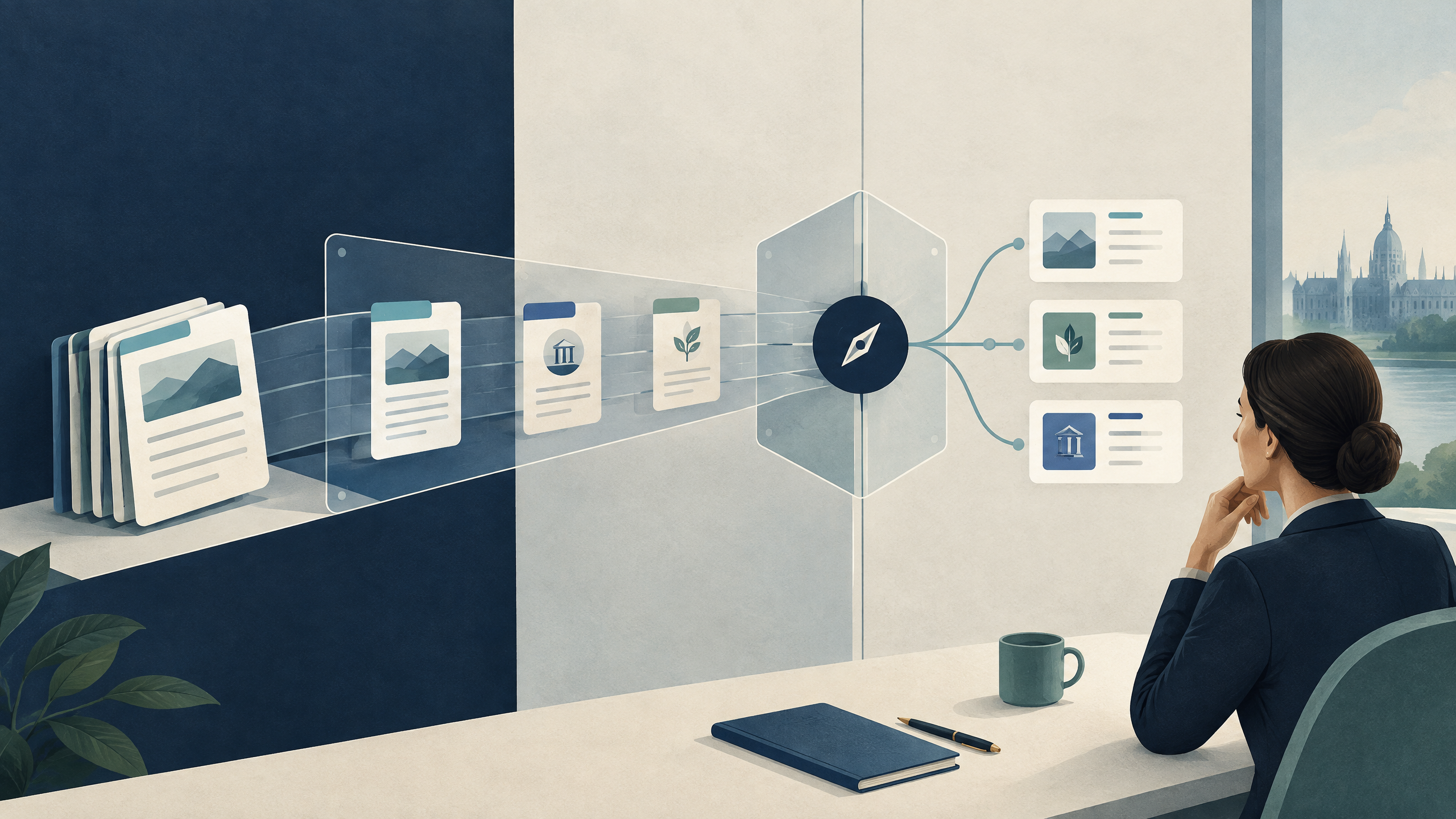 Editorial illustration of a curated business knowledge system connecting approved documents to a guided decision path.