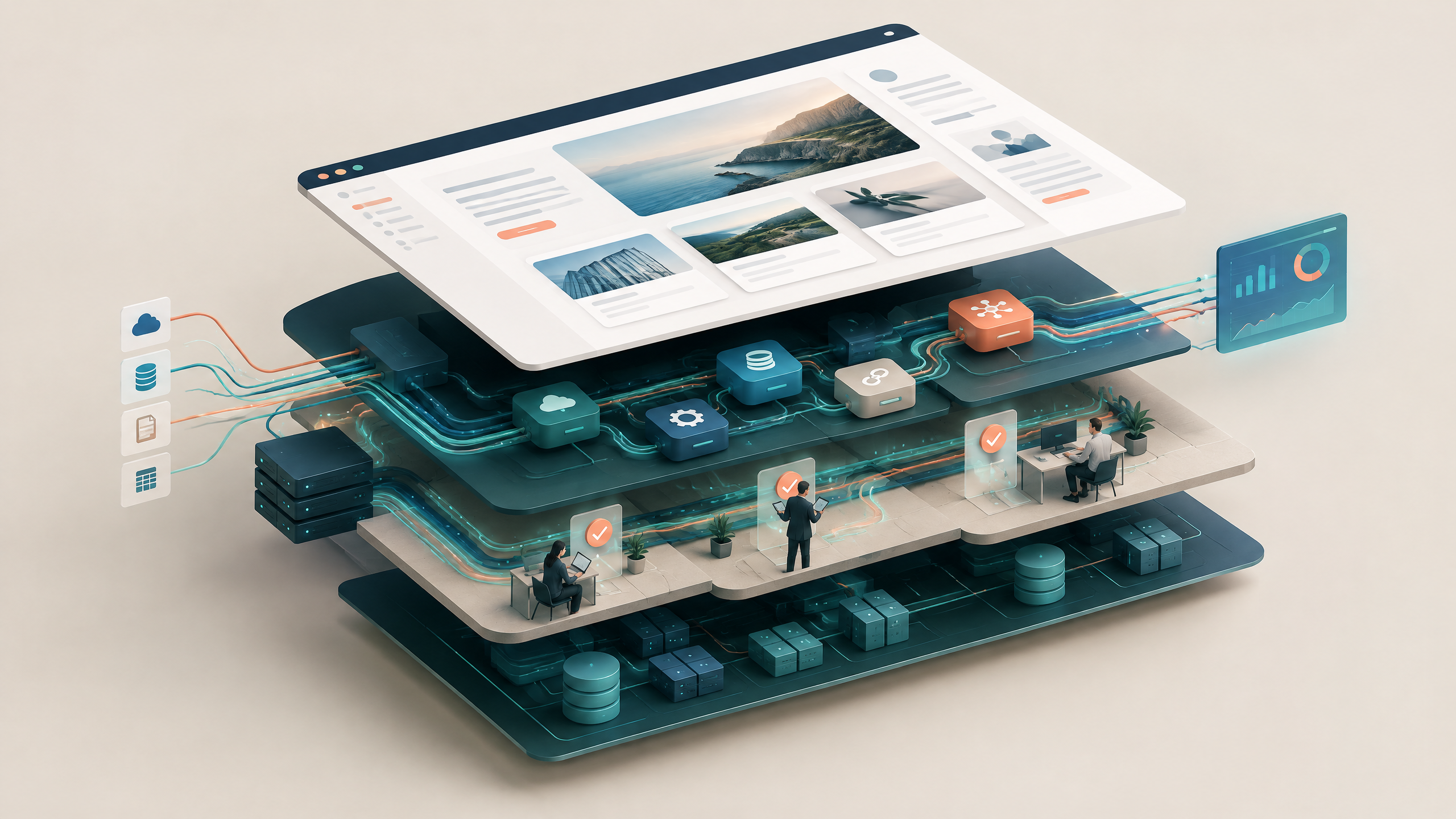 Abstract editorial illustration of a connected website operating layer with structured data flows and human review points.