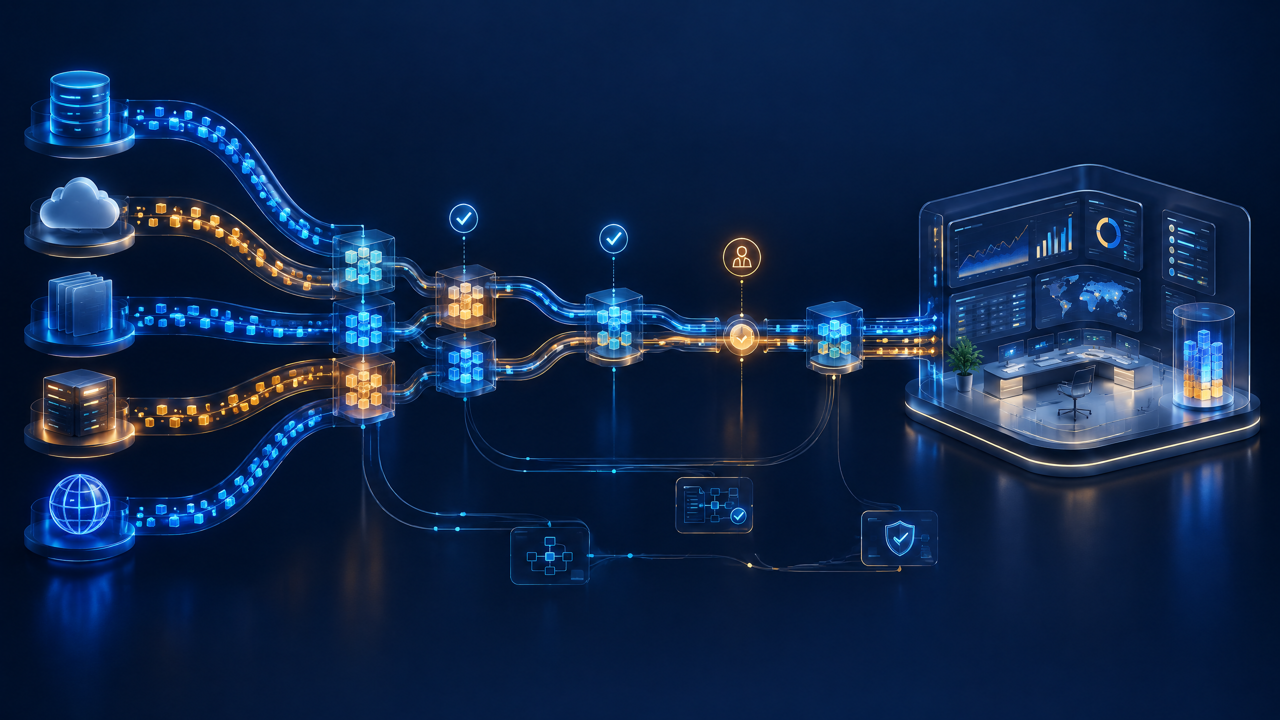 Abstract editorial illustration of structured data flowing through a transparent operational pipeline into a reviewed business workspace.