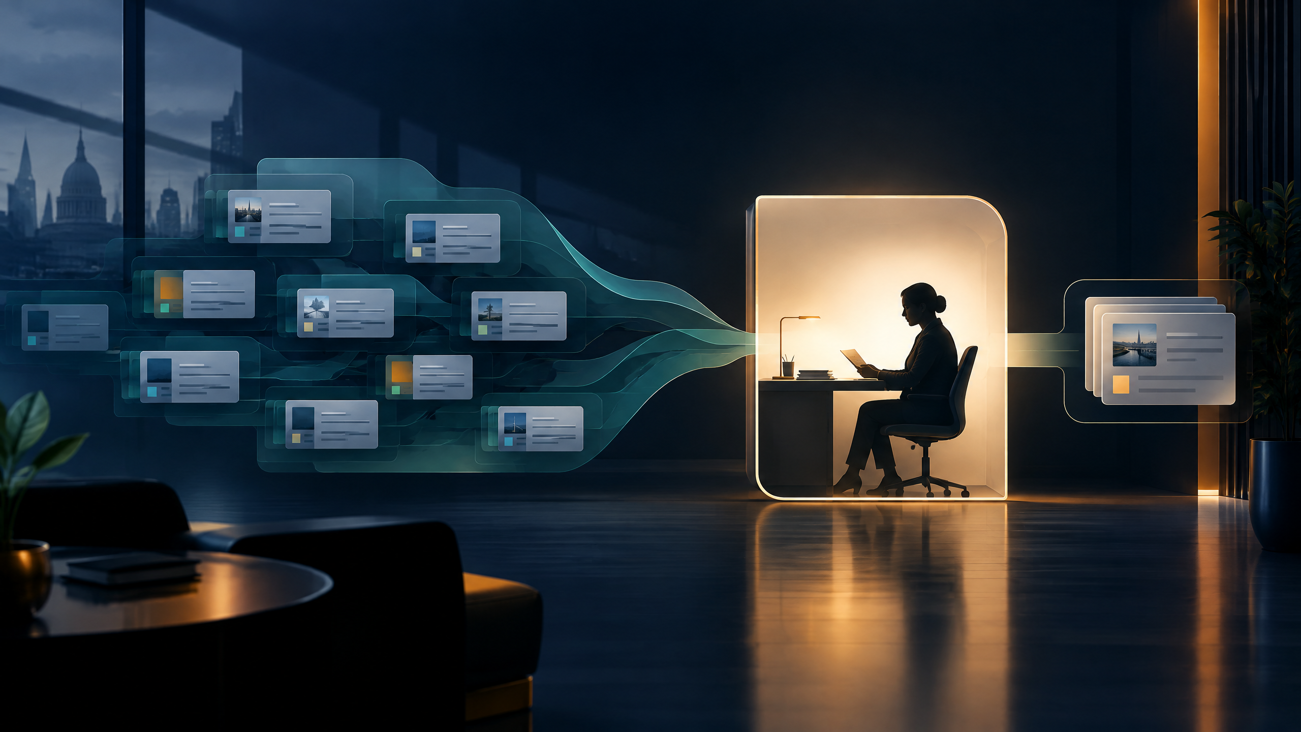Abstract editorial scene showing a specialist review point within a structured business workflow.