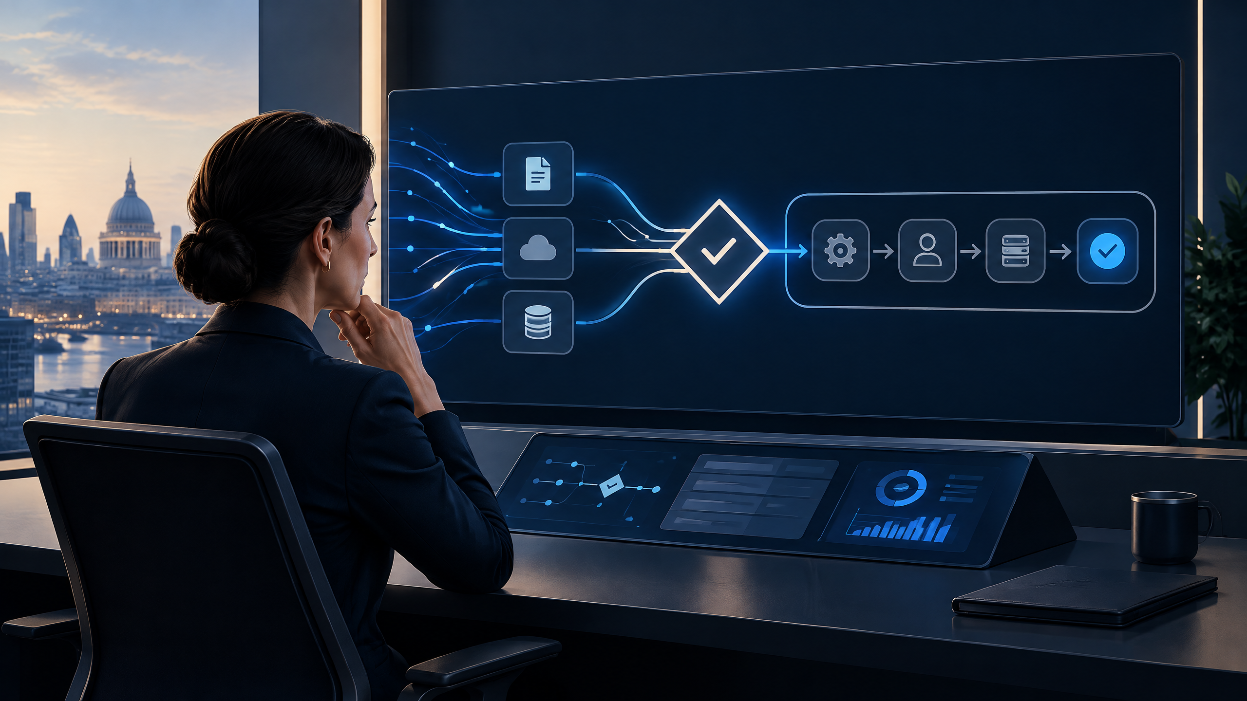 Editorial illustration of a business workflow where a human reviewer considers an AI agent’s routed decision at a control point.