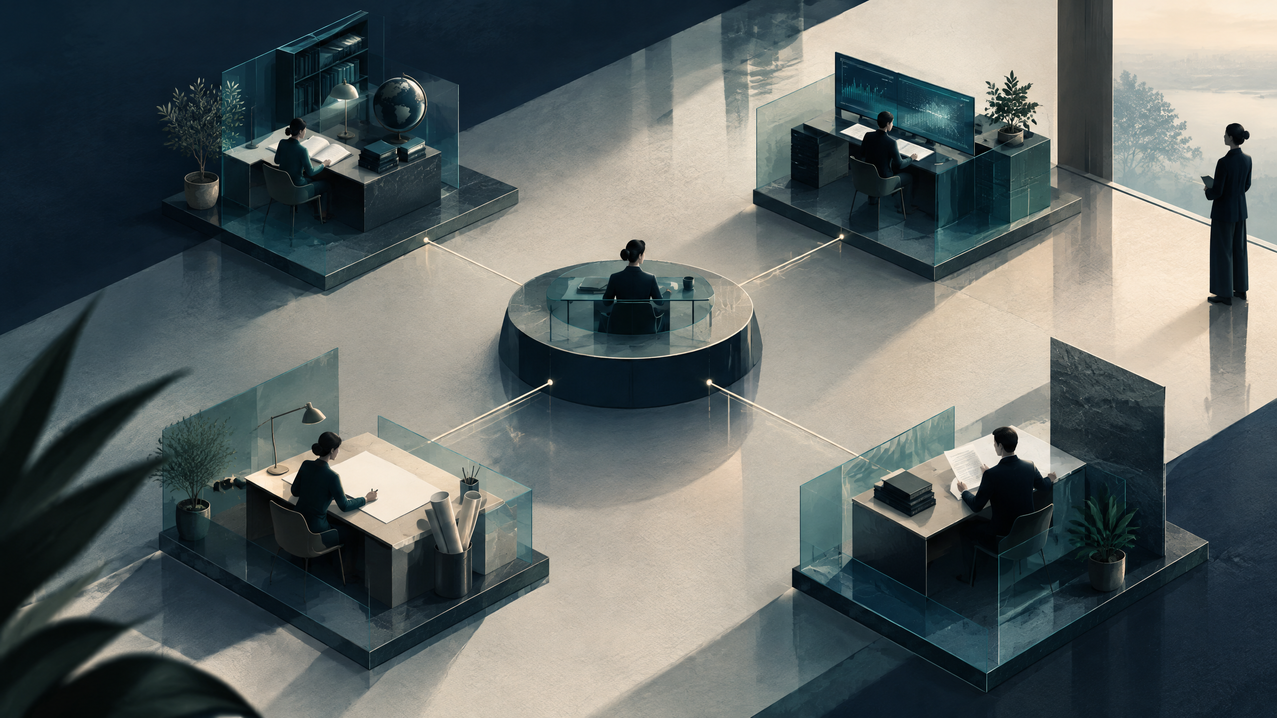 Editorial illustration of a central workflow coordinator linking to distinct specialist workstations and a human review point.