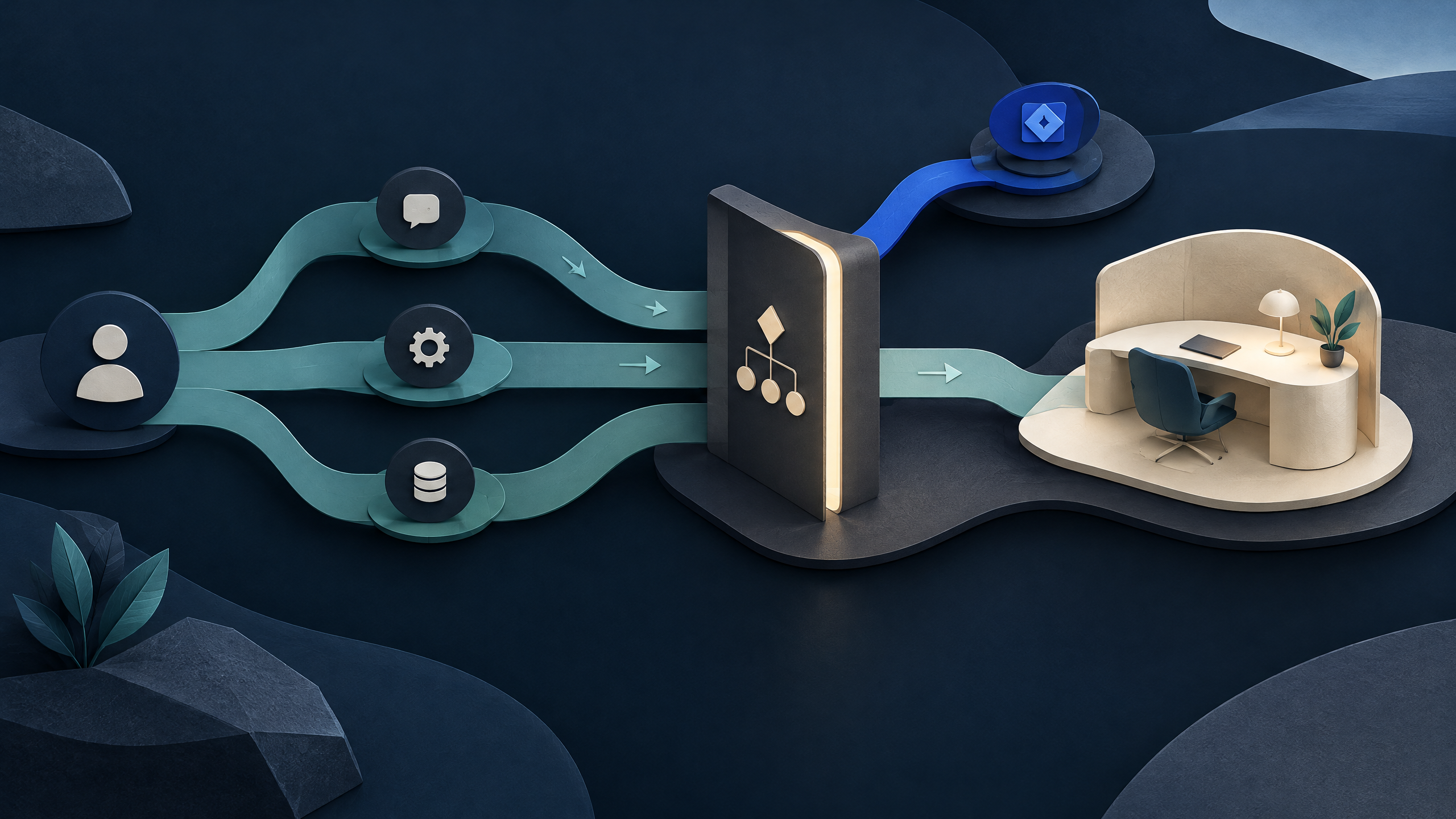 Abstract editorial scene of a customer-support workflow moving through a bounded escalation point to a specialist review desk.