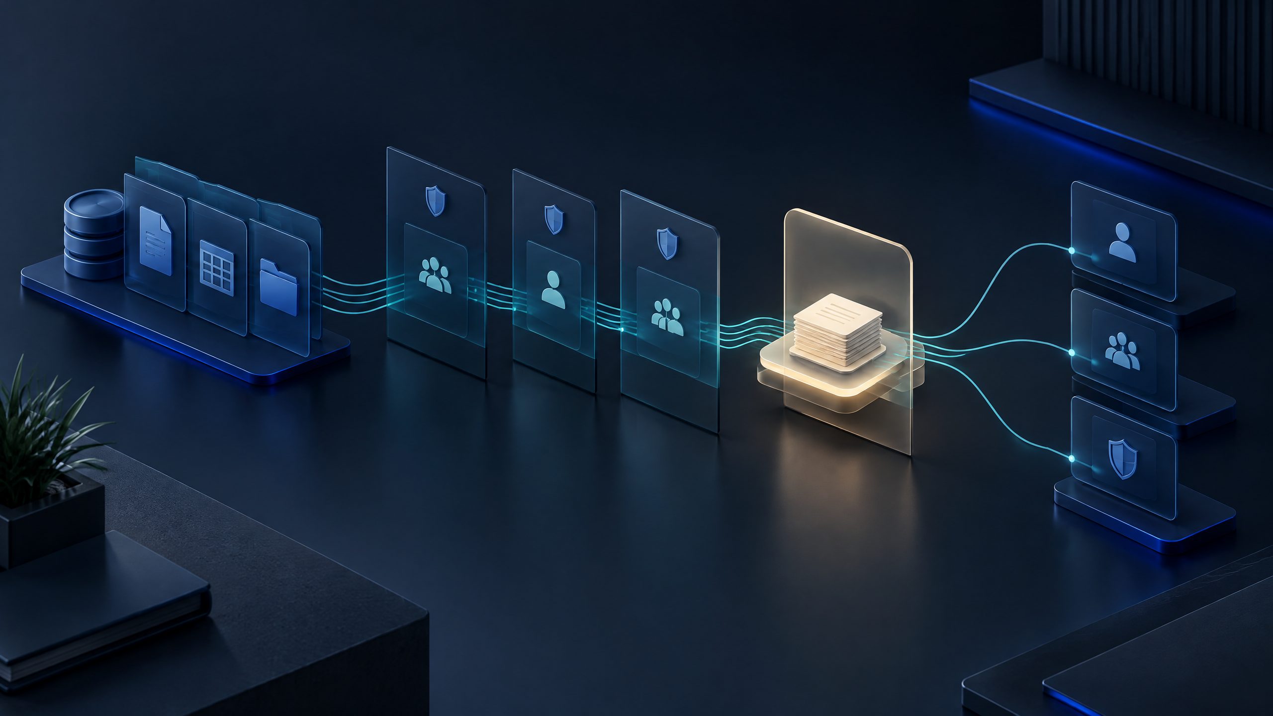 Abstract bounded data workflow with layered access controls and a specialist review point