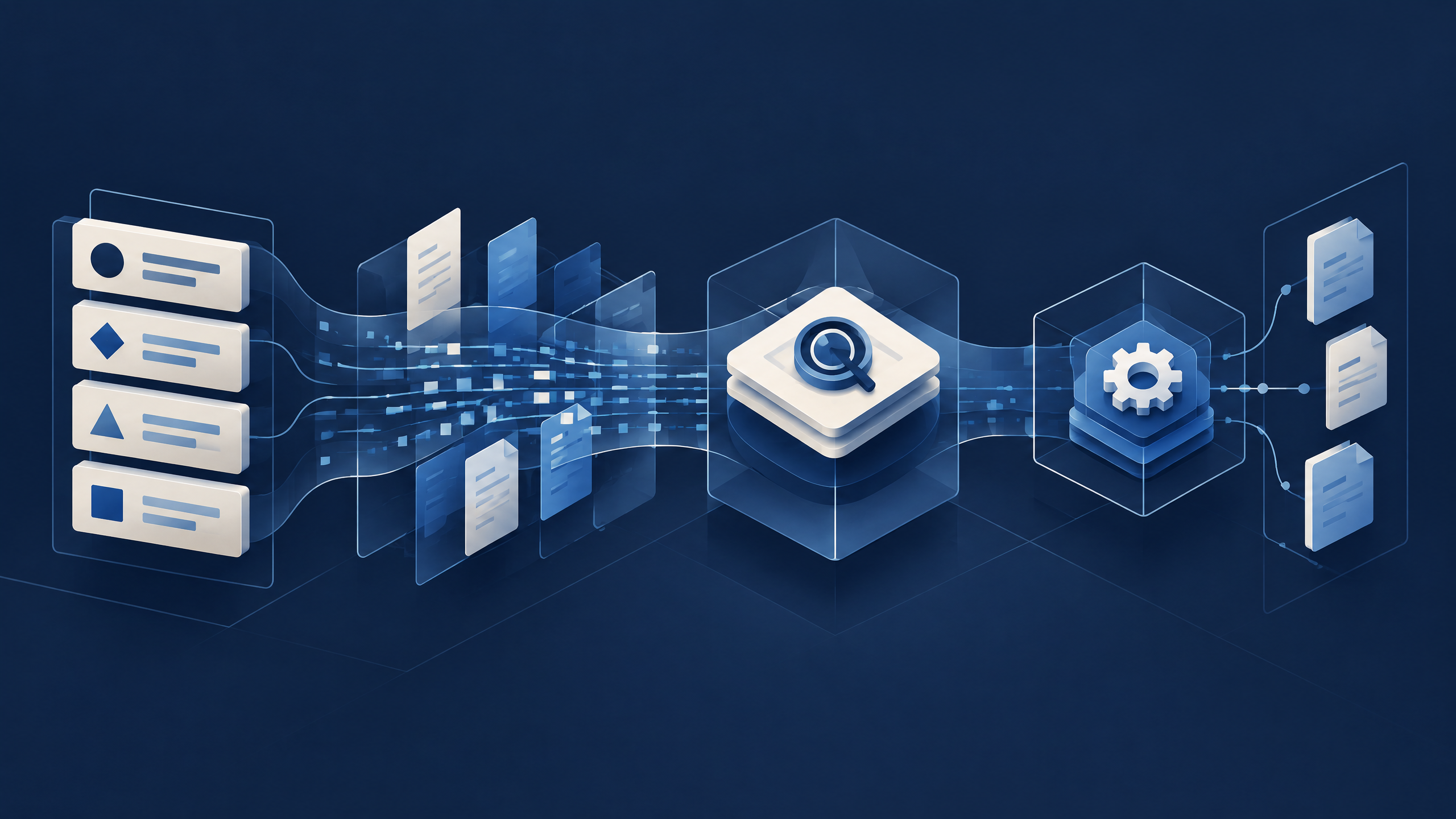 Editorial illustration of a calm business workflow moving from simple rules through a review checkpoint to a governed automated action.