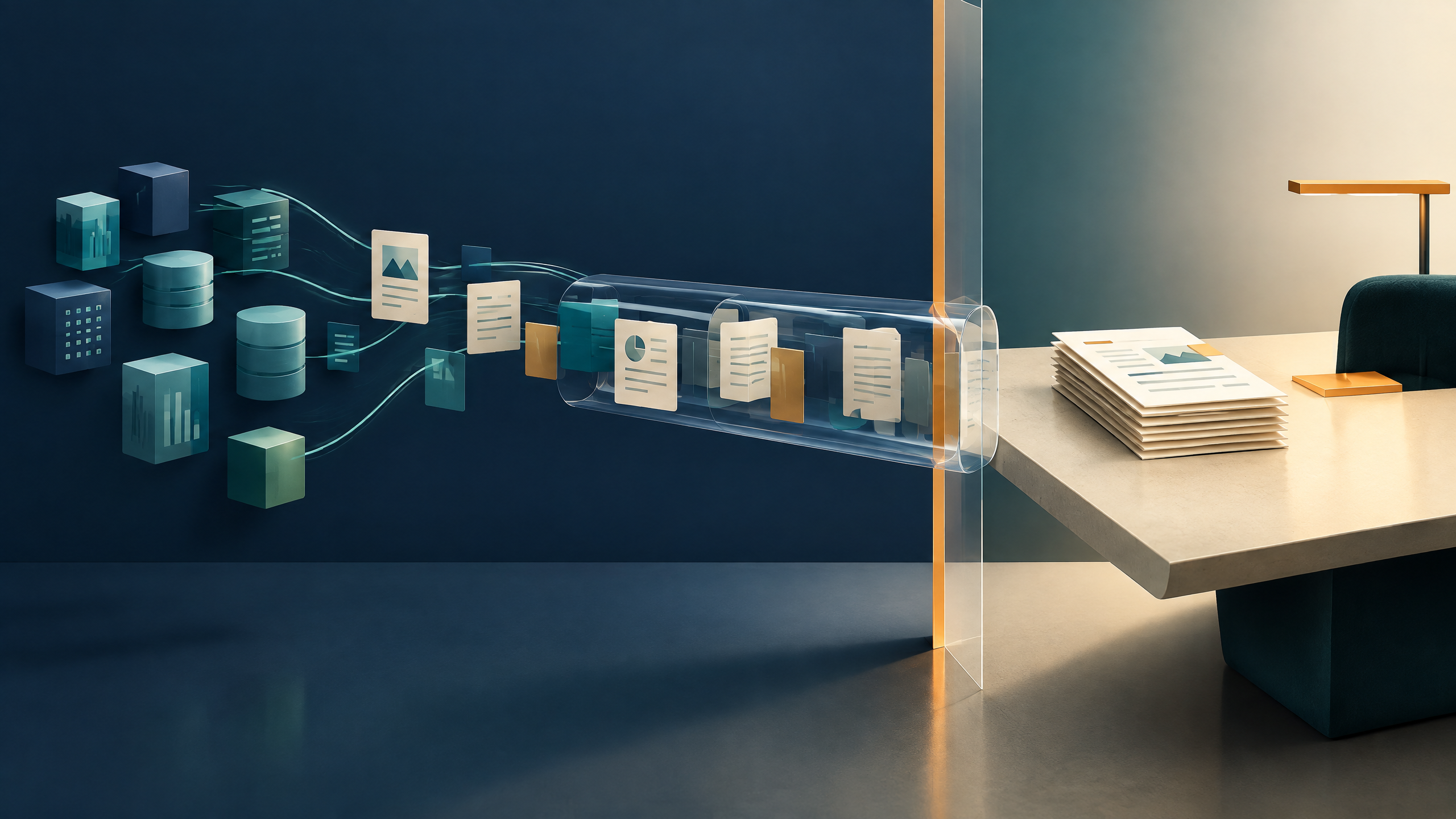 A restrained editorial illustration of a business workflow moving from structured data and documents to a reviewed decision point.
