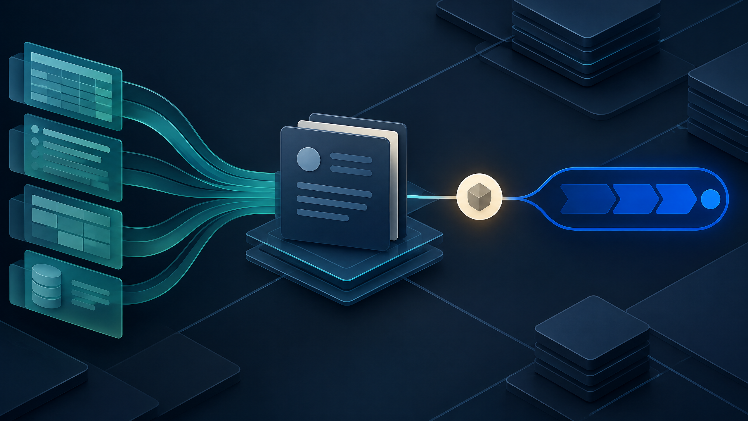 Layered abstract workflow forms connecting a structured case record, review point and bounded action path in navy, teal and warm ivory.